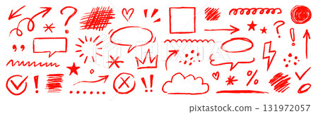 Red color pencil line elements set. Hand drawn red color crayon pencil, texture brush stroke arrow, highlight, check mark doodles. Marker arrow, chalk sketch square, emphasis. Vector 131972057