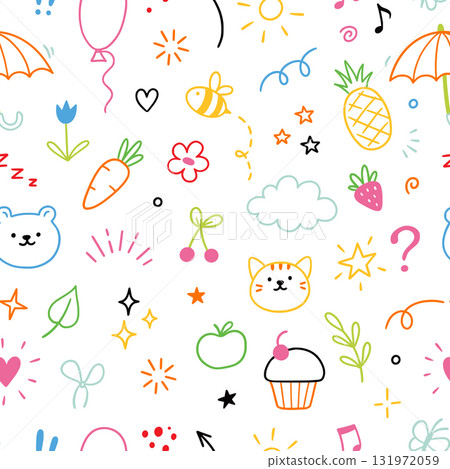 Kid pattern background. Seamless cute pattern with colorful hand drawn icons of bear, cat, cherry, cupcake and pineapple. Fun cartoon bee, cloud, flower doodles background. Vector 131972059