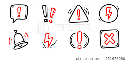 Doodle red exclamation mark, warning sign set. Hand drawn caution signs and warning marks highlight toxic risk, exclamation mark or alert notifications. Doodle stop notification. Vector Doodle red exclamation mark, warning sign set. Hand drawn caution signs and warning marks highlight toxic risk, exclamation mark or alert notifications. Doodle stop notification. Vector 131972060
