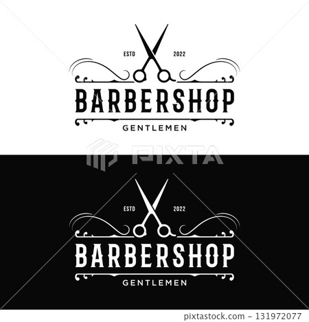 Retro vintage barbershop haircut and shave logo template with haircut equipment design. Logo for business, emblem, label, barber and badge. 131972077