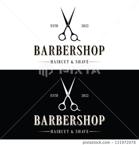 Retro vintage barbershop haircut and shave logo template with haircut equipment design. Logo for business, emblem, label, barber and badge. 131972078