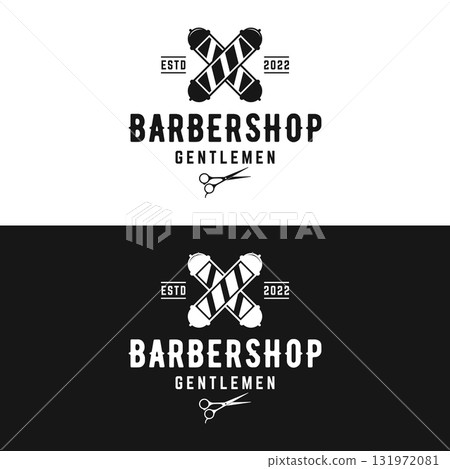 Retro vintage barbershop haircut and shave logo template with haircut equipment design. Logo for business, emblem, label, barber and badge. 131972081