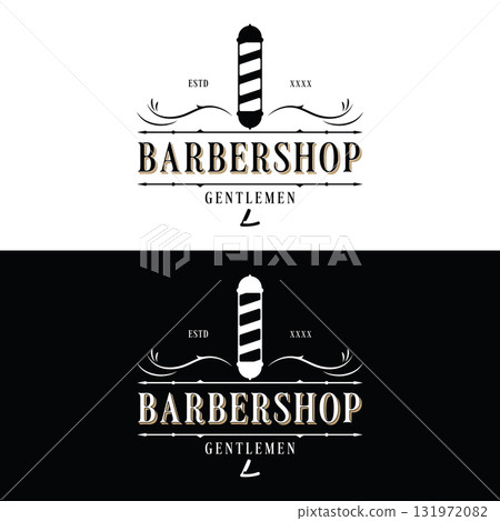 Retro vintage barbershop haircut and shave logo template with haircut equipment design. Logo for business, emblem, label, barber and badge. 131972082