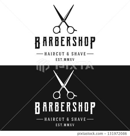 Retro vintage barbershop haircut and shave logo template with haircut equipment design. Logo for business, emblem, label, barber and badge. Retro vintage barbershop haircut and shave logo template with haircut equipment design. Logo for business, emblem, label, barber and badge. 131972086