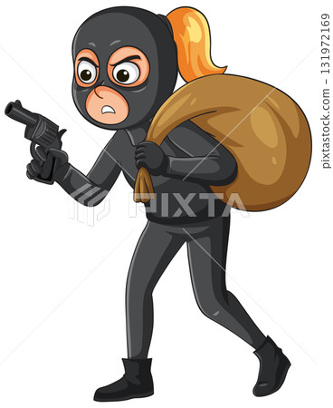 Cartoon Female Robber Carrying Sack and Toy Gun Cartoon Female Robber Carrying Sack and Toy Gun 131972169