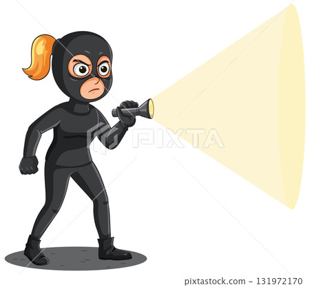 Female Burglar in Black Suit Searching With Flashlight Female Burglar in Black Suit Searching With Flashlight 131972170
