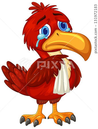 Sad Cartoon Red Bird Crying with Bandaged Wing Sad Cartoon Red Bird Crying with Bandaged Wing 131972183
