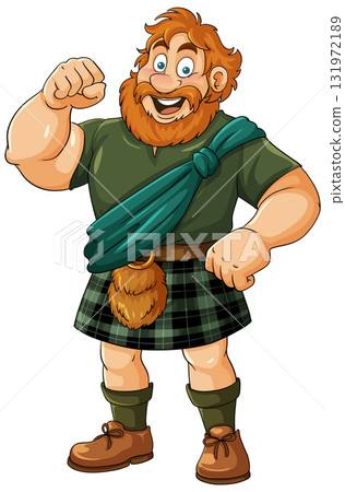 Cheerful Cartoon Scottish Man in Traditional Highland Dress Cheerful Cartoon Scottish Man in Traditional Highland Dress 131972189