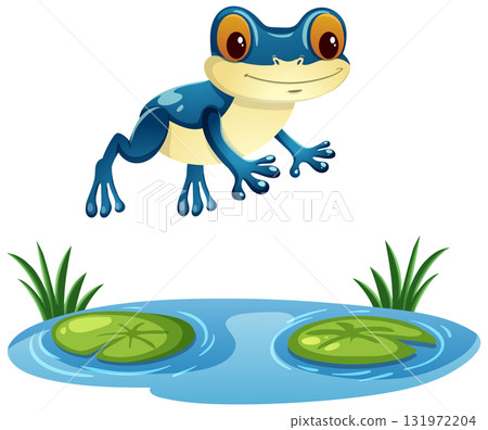 Blue Tree Frog Leaping Over Lily Pond 131972204