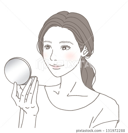 一位面帶微笑、手持鏡子的女子的美麗圖像插圖 一位面帶微笑、手持鏡子的女子的美麗圖像插圖 131972288