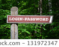 Wooden signpost with text login password in forest background 131972347