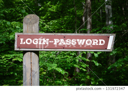 Wooden signpost with text login password in forest background Wooden signpost with text login password in forest background 131972347