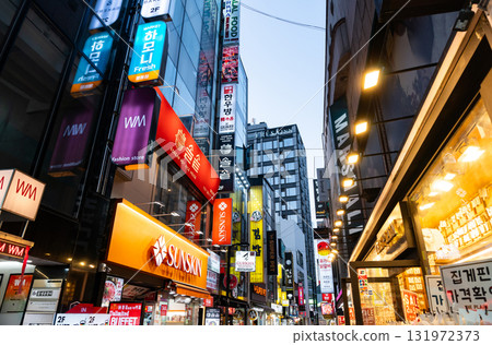 Scenery of Myeongdong, walking at dusk, blue sky in spring, Seoul, Korea Scenery of Myeongdong, walking at dusk, blue sky in spring, Seoul, Korea 131972373