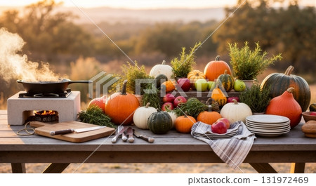 Rustic outdoor cooking scene with an autumn harvest on a wooden table. Fresh pumpkins, apples, and a steaming skillet at sunset. Farm-to-table Thanksgiving celebration concept Rustic outdoor cooking scene with an autumn harvest on a wooden table. Fresh pumpkins, apples, and a steaming skillet at sunset. Farm-to-table Thanksgiving celebration concept 131972469