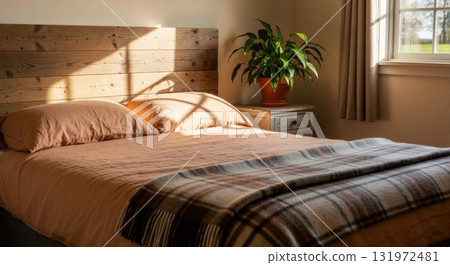 Cozy bedroom in a farmhouse with peach bedding and a wool plaid blanket. Rustic wooden headboard in morning sunlight. Country home interior for comfort and relaxation 131972481