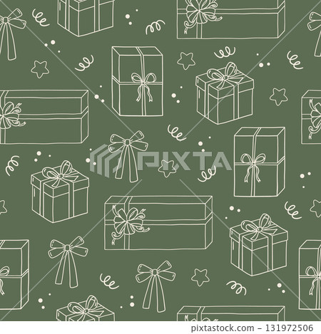 Seamless pattern with gift boxes and bows on a green background. Hand drawn vector illustration for wrapping paper, textile, fabric. Seamless pattern with gift boxes and bows on a green background. Hand drawn vector illustration for wrapping paper, textile, fabric. 131972506