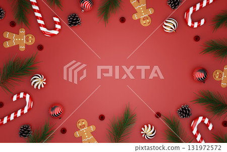 Christmas sweets and treats with gingerbread and festive candy. 3D render illustration 131972572