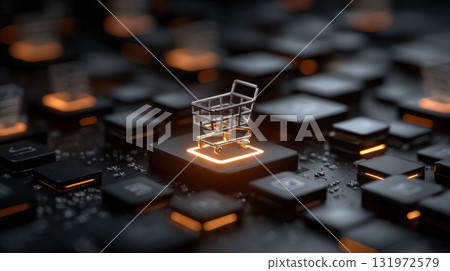 Glowing shopping cart icon on digital circuit board symbolizes futuristic online shopping 131972579