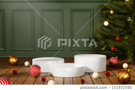 Christmas joyful atmosphere with white circular pedestals and ornaments. 3D render illustration 131972580