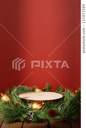 Christmas elegant display with wooden podium and pine wreath. 3D render illustration 131972584