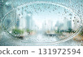 Urban landscape background seen through glass with raindrops 131972594