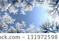Winter blue sky and frost frame background with ice crystals 131972598