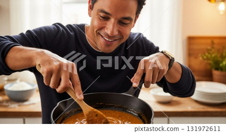 Happy man cooking a homemade meal in a modern kitchen. Smiling person stirring sauce in a cast iron skillet. Culinary lifestyle concept 131972611