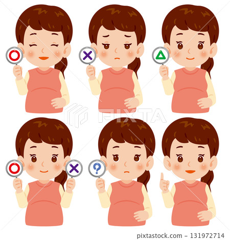 一名孕婦手持帶有圓圈和十字架的卡片的插圖 一名孕婦手持帶有圓圈和十字架的卡片的插圖 131972714