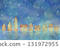 Fantastic winter cityscape landscape with falling snow. Watercolor illustration background. 131972955