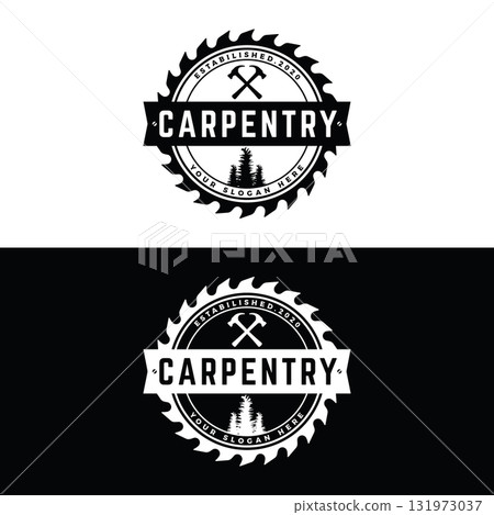 Wood template saw premium logo design with vintage carpentry tools.Logo for business, carpentry, lumberjack, label, badge. Wood template saw premium logo design with vintage carpentry tools.Logo for business, carpentry, lumberjack, label, badge. 131973037