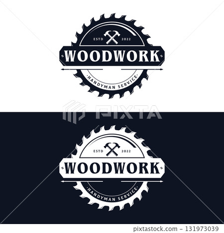 Wood template saw premium logo design with vintage carpentry tools.Logo for business, carpentry, lumberjack, label, badge. Wood template saw premium logo design with vintage carpentry tools.Logo for business, carpentry, lumberjack, label, badge. 131973039