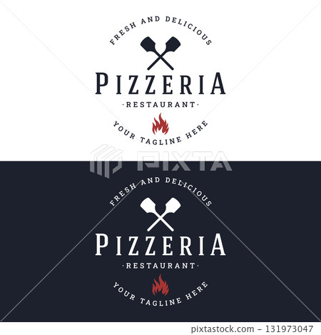 Retro vintage pizza or pizzeria logo template design with crossed shovels.Logo for business, restaurant, label and badge. Retro vintage pizza or pizzeria logo template design with crossed shovels.Logo for business, restaurant, label and badge. 131973047