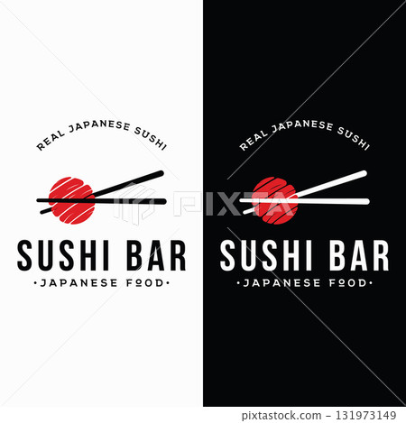 Japanese food sushi logo design with crossed chopsticks. Logo for restaurant, business, bar. 131973149
