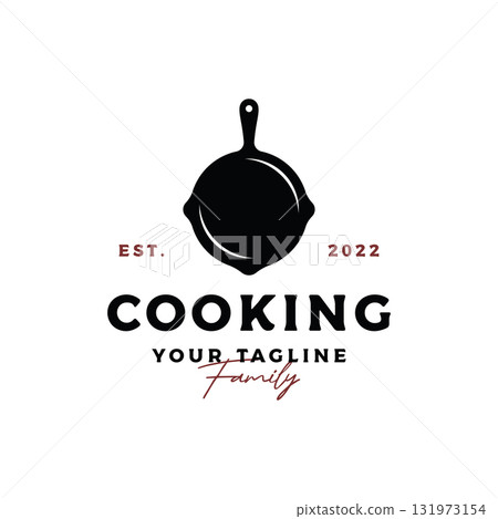 Logo template for a rustic retro vintage cooking pot or frying pan. Logo for a restaurant. 131973154