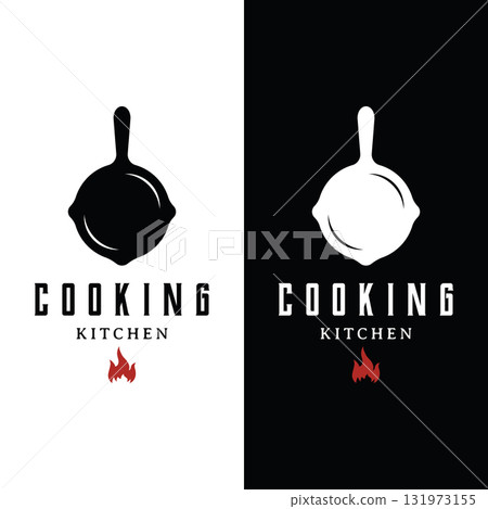 Logo template for a rustic retro vintage cooking pot or frying pan. Logo for a restaurant. 131973155