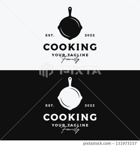 Logo template for a rustic retro vintage cooking pot or frying pan. Logo for a restaurant. Logo template for a rustic retro vintage cooking pot or frying pan. Logo for a restaurant. 131973157