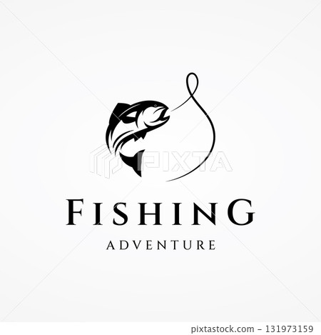 Fishing club Logo design with creative angler and jumping fish. 131973159