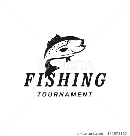 Fishing club Logo design with creative angler and jumping fish. Fishing club Logo design with creative angler and jumping fish. 131973162