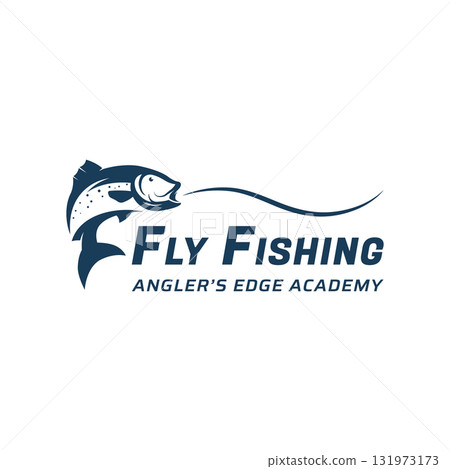 Fishing club Logo design with creative angler and jumping fish. 131973173