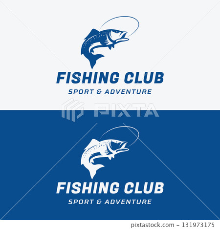 Fishing club Logo design with creative angler and jumping fish. Fishing club Logo design with creative angler and jumping fish. 131973175