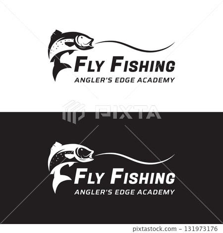 Fishing club Logo design with creative angler and jumping fish. Fishing club Logo design with creative angler and jumping fish. 131973176