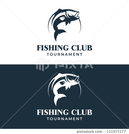 Fishing club Logo design with creative angler and jumping fish. Fishing club Logo design with creative angler and jumping fish. 131973177