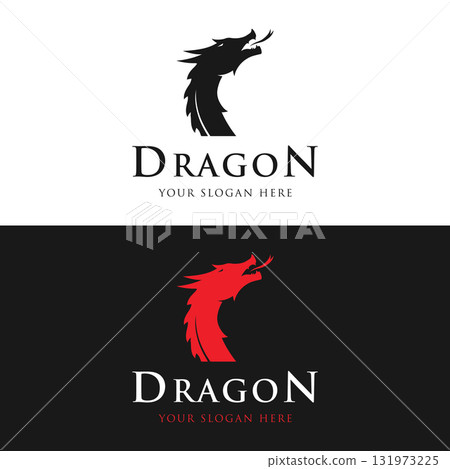 Logo design of fire dragon head and wings isolated background. Logo design of fire dragon head and wings isolated background. 131973225