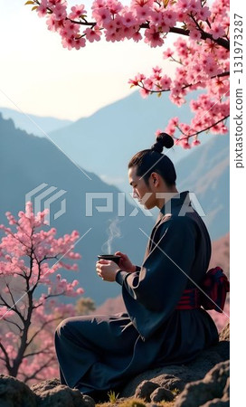 Harmony in nature as a man samurai in traditional clothing enjoys tea surrounded by mountains and cherry blossoms Harmony in nature as a man samurai in traditional clothing enjoys tea surrounded by mountains and cherry blossoms 131973287