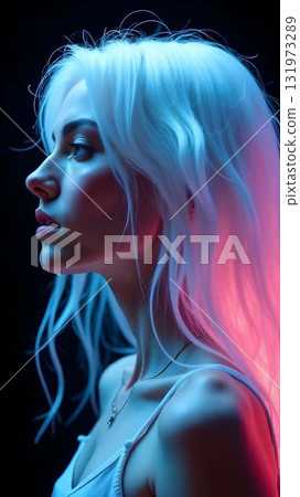 A girl with loose white hair stands in profile against a dark background. Colorful lights in the background A girl with loose white hair stands in profile against a dark background. Colorful lights in the background 131973289