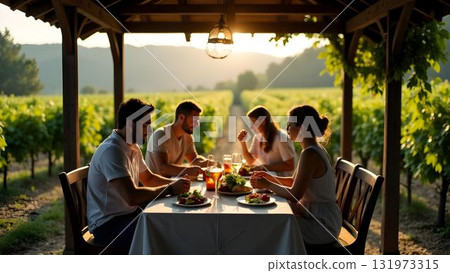 People enjoying a meal in a vineyard during sunset with beautiful scenery surrounding them 131973315