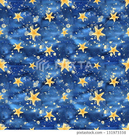 Holiday festive starry seamless pattern. Night sky, gold star, abstract snowfall watercolor splashes. Snowy dark blue stain background for Birthday packaging, New Year, Christmas wrapping paper 131973338