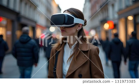 A young woman stands on a busy city street wearing a virtual reality headset. People walk by, highlighting the contrast between reality and immersive technology in an urban setting. A young woman stands on a busy city street wearing a virtual reality headset. People walk by, highlighting the contrast between reality and immersive technology in an urban setting. 131973385