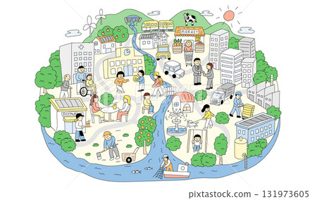 Illustrations of life and towns / People's lives, local communities, and sustainable urban development 131973605
