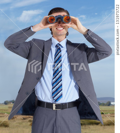 Binoculars, opportunity and search for business man outdoor with happiness, smile and investigation. Future, searching or happy businessman in nature with investigate gear, vision and ready for work 131973722